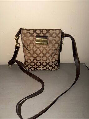 Coach Brown Signature Crossbody Bag with Brass Accent